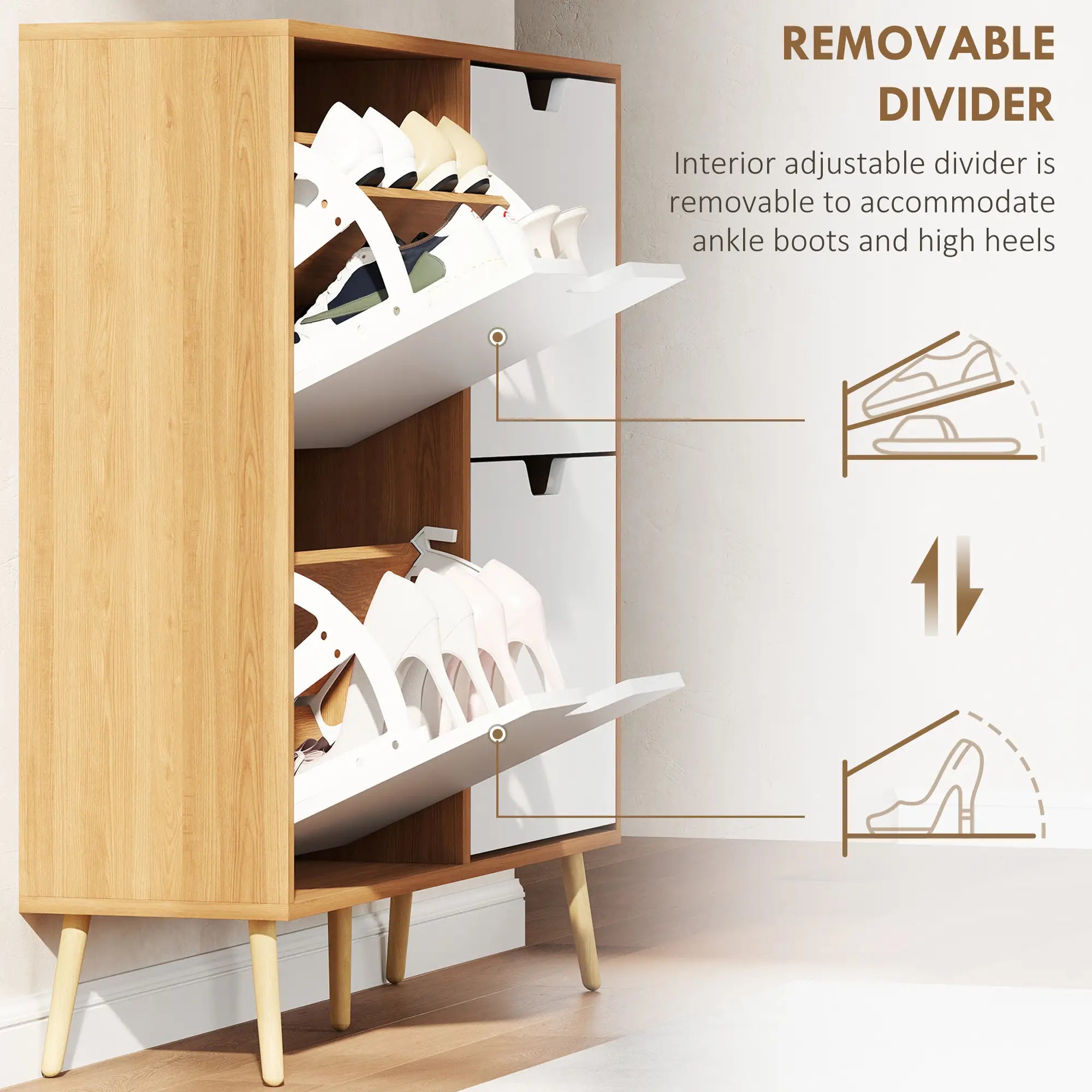 Shoe Storage Cabinet, 4 Flip Drawers, Adjustable Shelf, Holds 8-16 Pairs, Natural Shoe Storage Cabinets & Racks at Gallery Canada