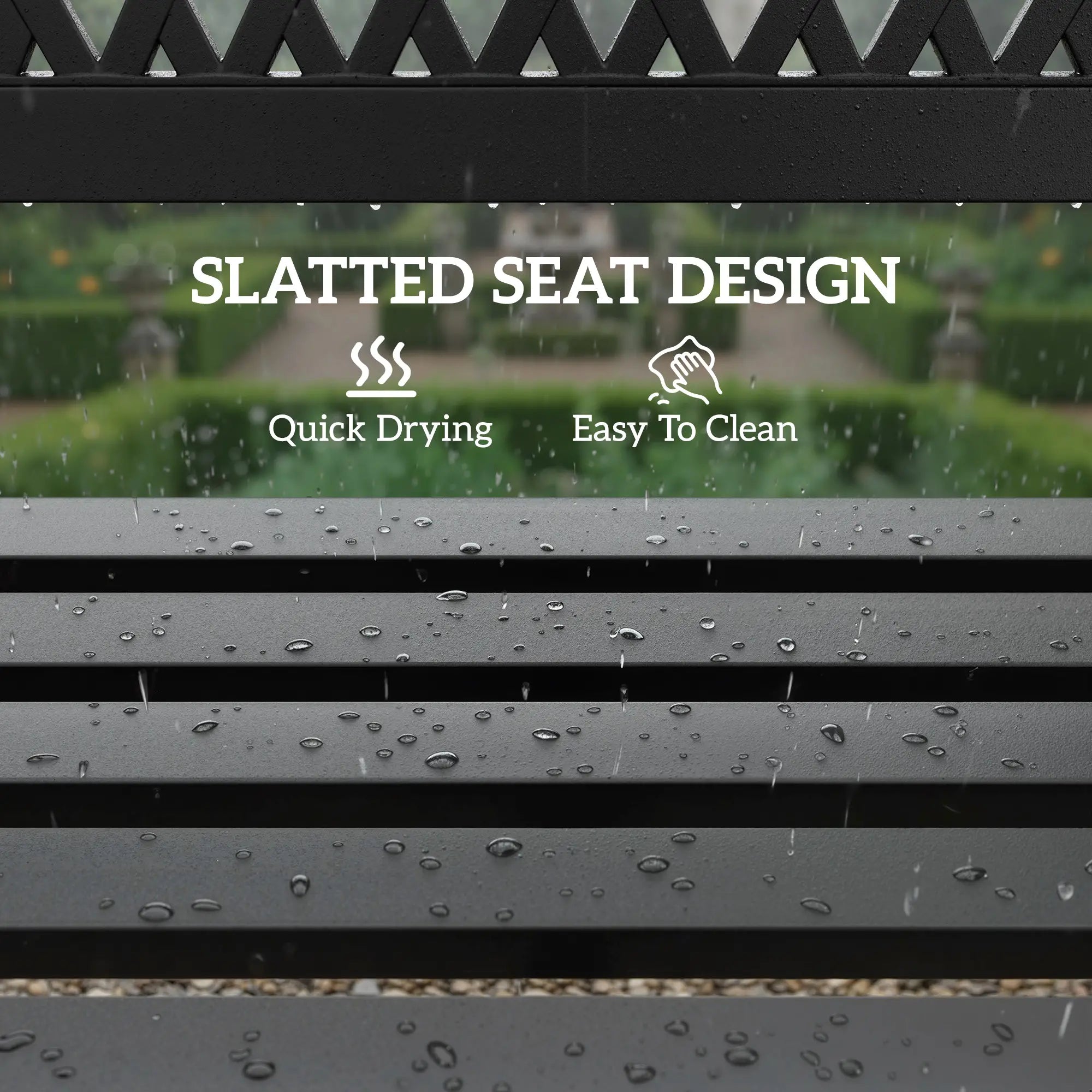 Outdoor Bench With Floral Backrest, 2 Seater Garden Bench With Armrests, Black Outdoor Benches at Gallery Canada