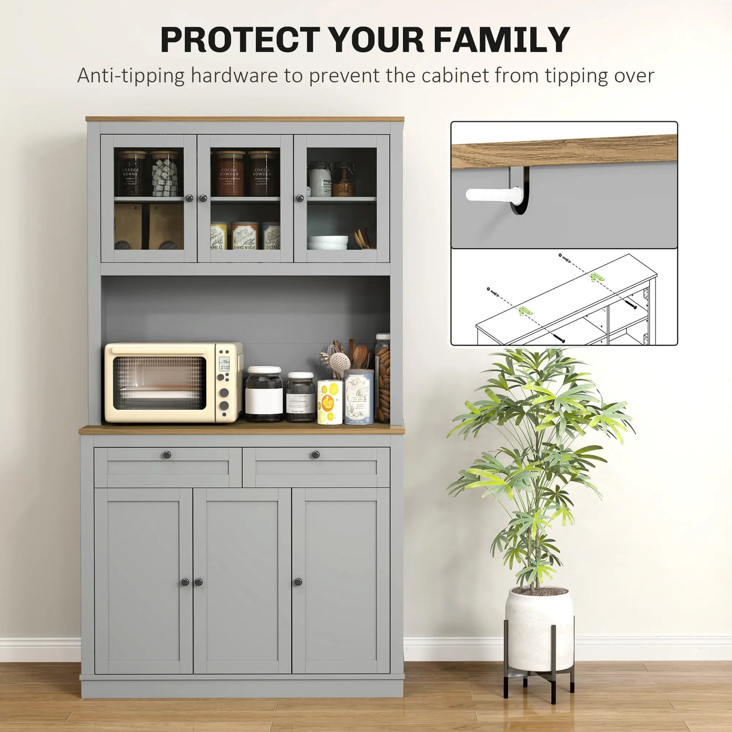 71" Pantry Cabinet with Microwave Space, 2 Drawers, Adjustable Shelves, Grey Kitchen Pantry Cabinets at Gallery Canada
