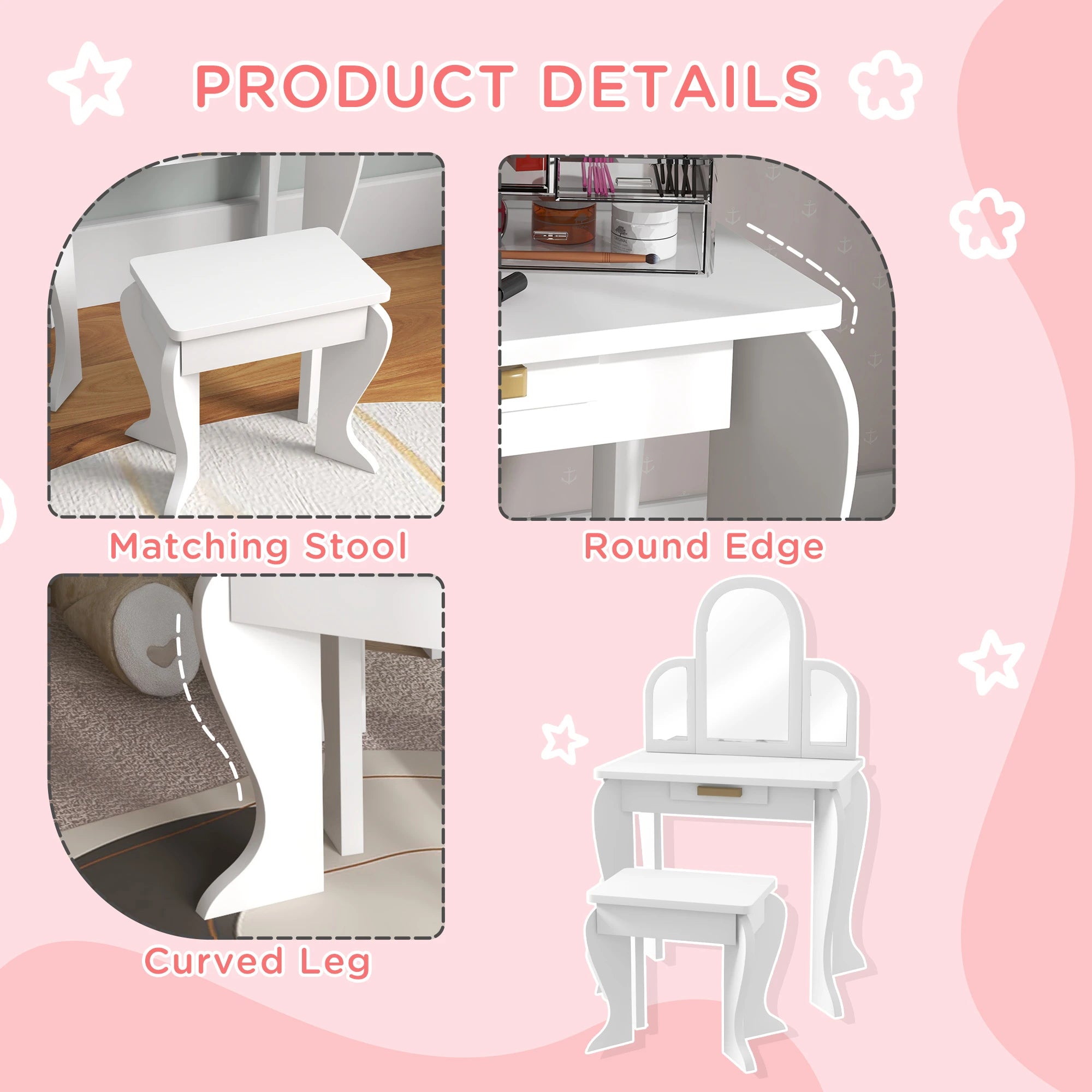 Kids Dressing Table and Chair Set, Makeup Desk with Drawer, White Toy Vanity at Gallery Canada