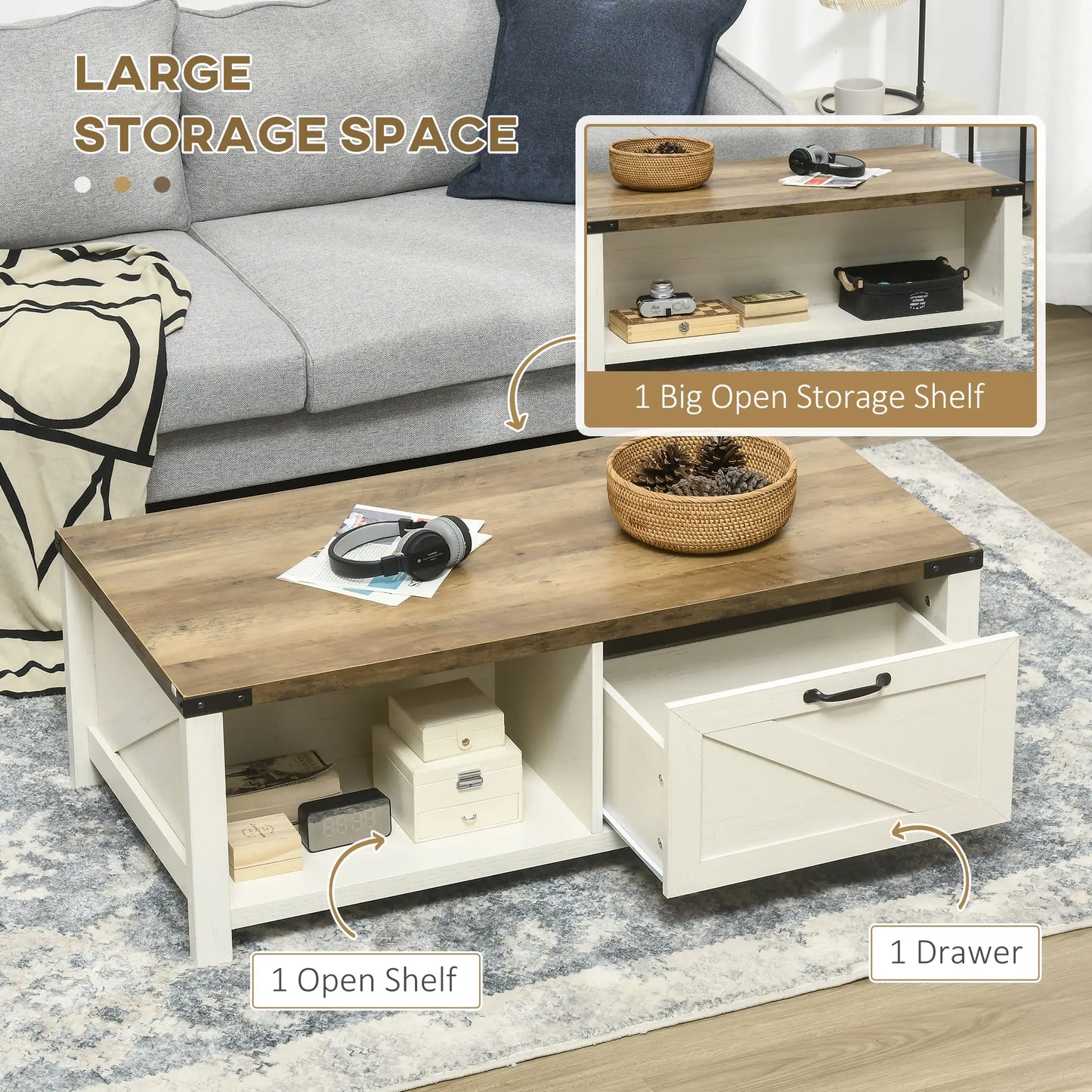 Industrial Coffee Table with Drawer, Open Shelf, Farmhouse Style, Brown Coffee Tables at Gallery Canada