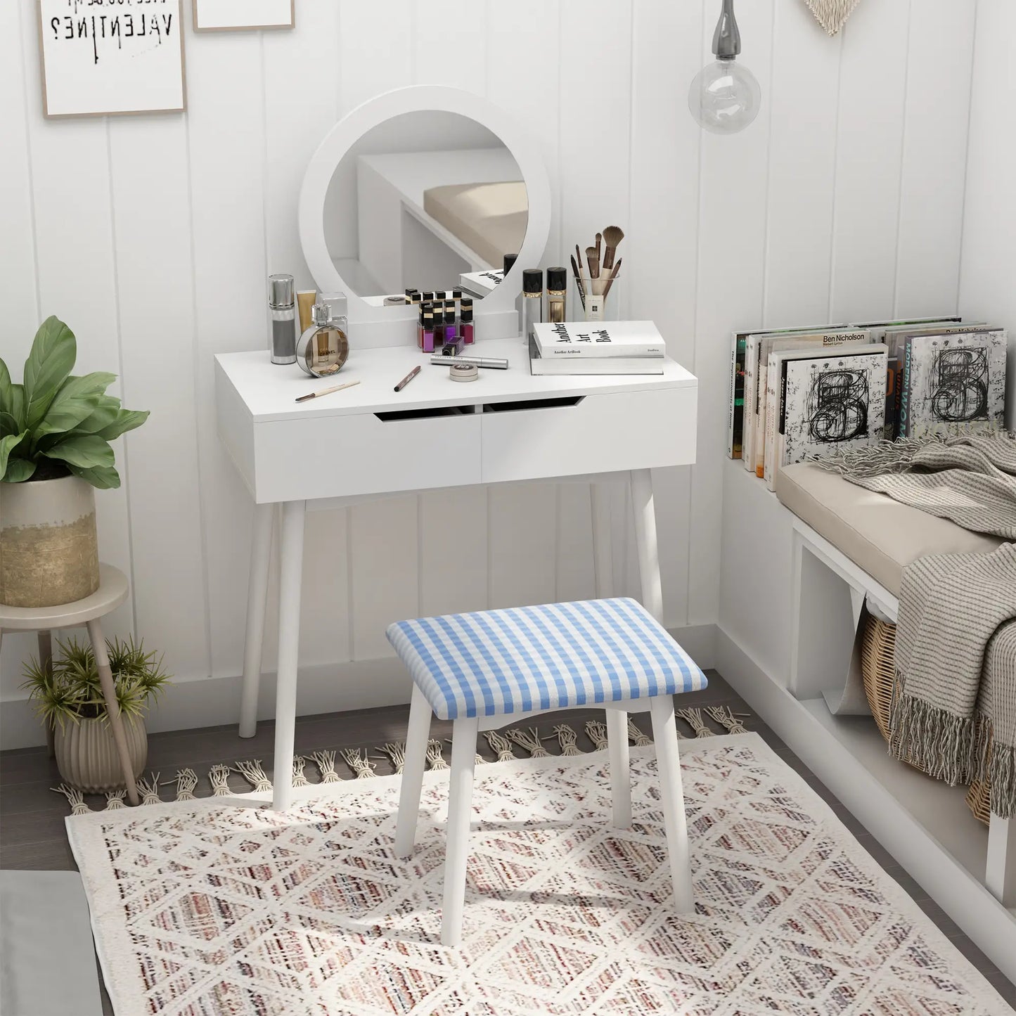 Makeup Vanity Desk, Round Mirror, 2 Drawers, Cushioned Stool, White Dressing & Vanity Tables at Gallery Canada