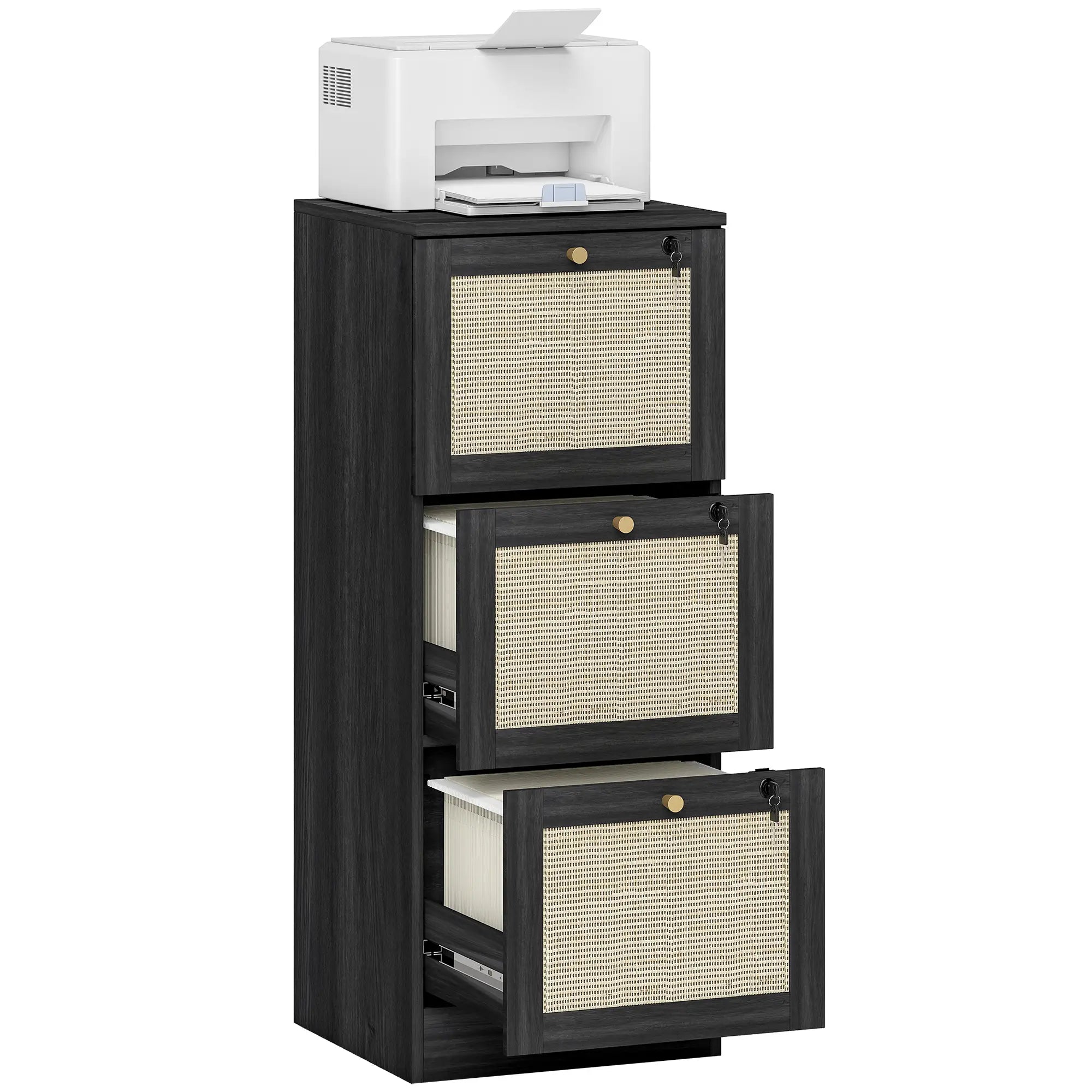 3 Drawer Filing Cabinet with Lock, Boho Style, A4 Letter Size, Black Office Cabinets & Cupboards at Gallery Canada