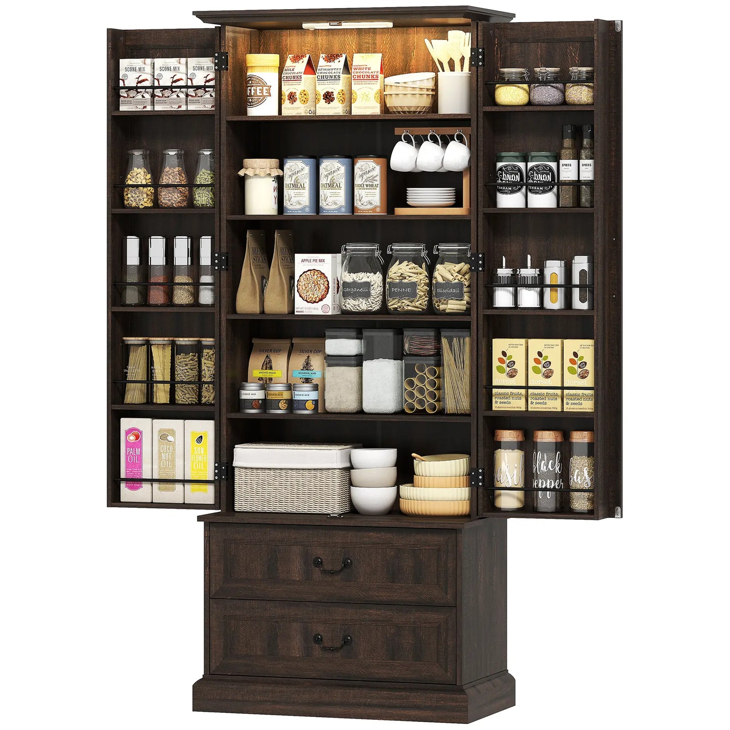 72" Kitchen Pantry Cabinet, 10 Shelves, 2 Drawers, Brown Kitchen Pantry Cabinets Brown at Gallery Canada