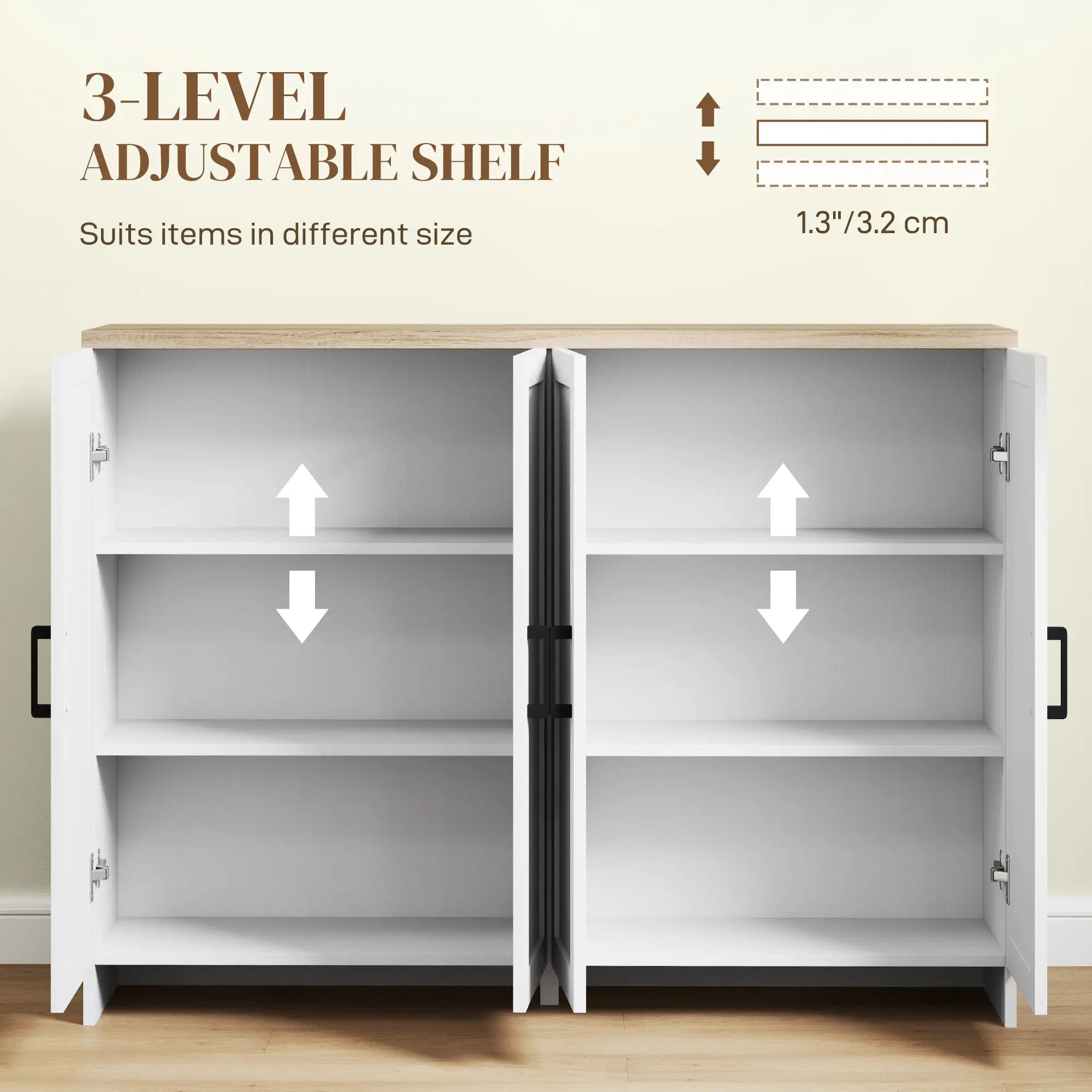 Modern Sideboard Buffet Cabinet, Modern Kitchen Storage Cabinet with 4 Doors Adjustable Shelves, for Dining Room, White Storage Cabinets at Gallery Canada