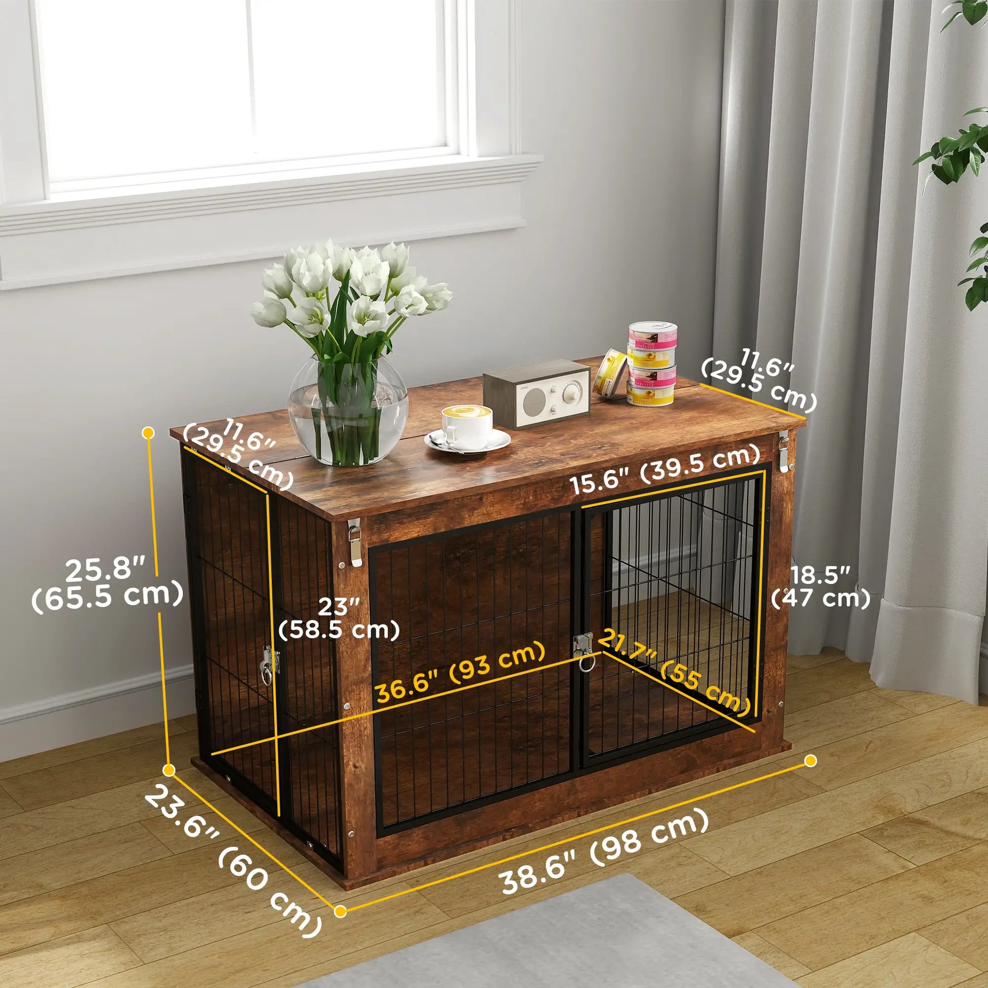 39" Dog Crate Furniture, Flip-up Top, 2 Doors, Rustic Brown Houses, Kennels & Pens at Gallery Canada