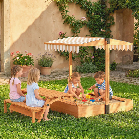Kids Sandbox With Canopy, Wooden Sand Box, Foldable Picnic Table, Bench Seats Sandboxes & Accessories Brown, Off-white, Khaki, Black at Gallery Canada