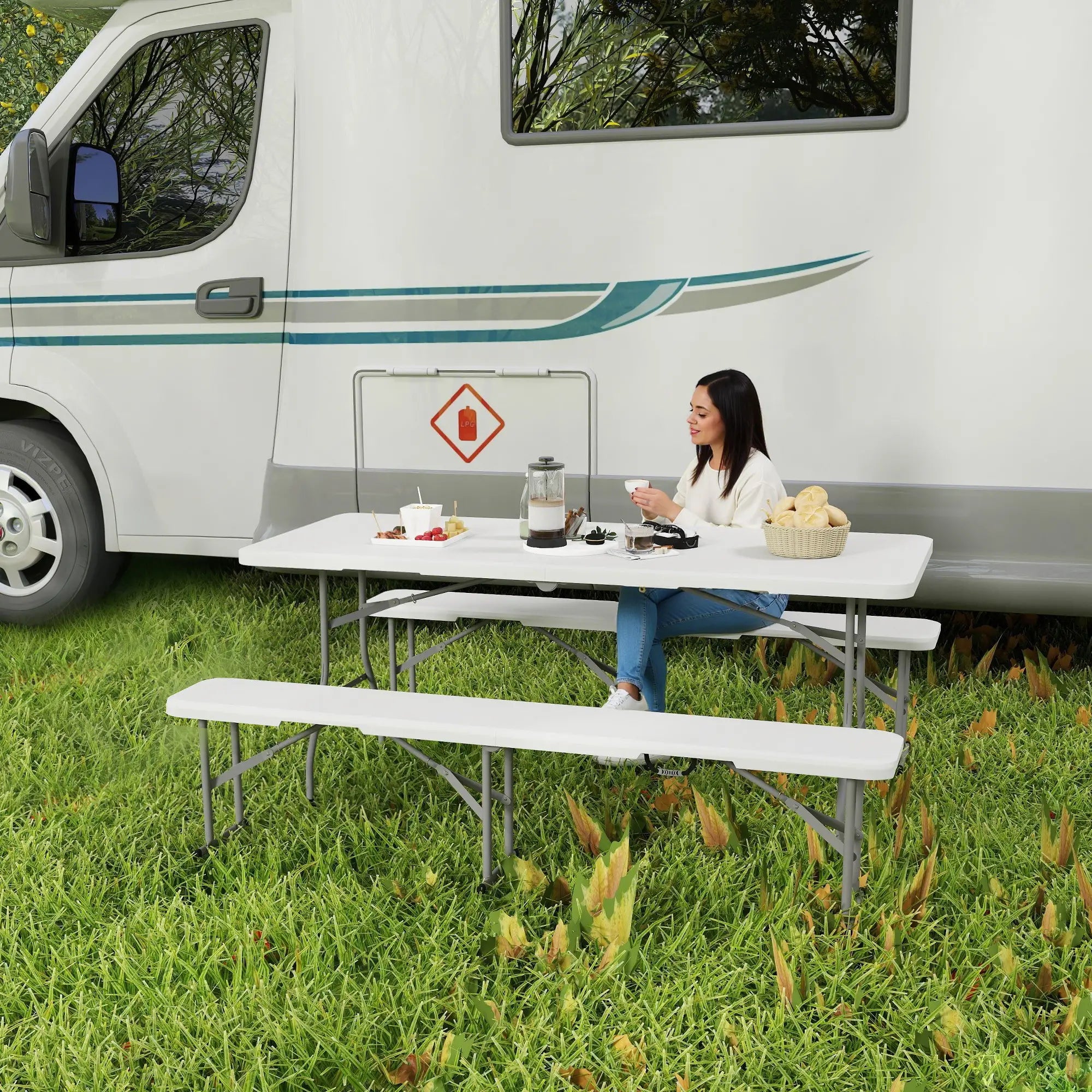 6FT Portable Camping Table Bench Set, Folding Picnic Table with 2 Benches, White Picnic Tables & Camping Chairs at Gallery Canada