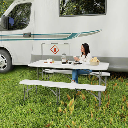 6FT Portable Camping Table Bench Set, Folding Picnic Table with 2 Benches, White Picnic Tables & Camping Chairs at Gallery Canada