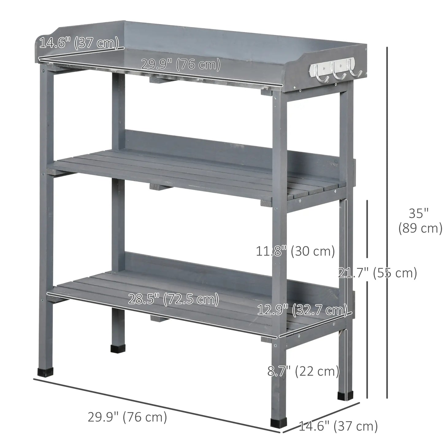 Outdoor Garden Wooden Potting Bench, Work Table w/ Hooks, Grey Potting Benches & Tables at Gallery Canada