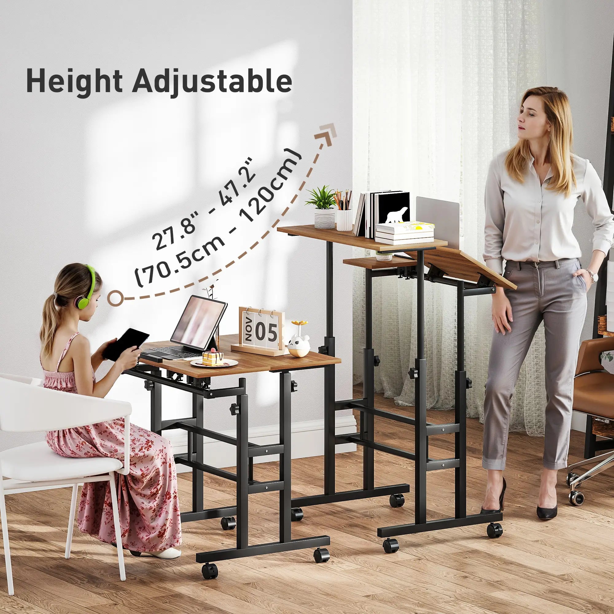 Mobile Stand Up Desk, Height Angle Adjustable, Wheels, Brown Computer Desks at Gallery Canada