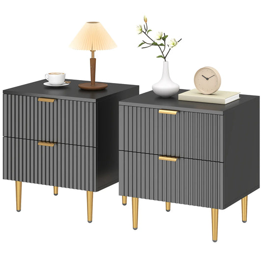 Modern Nightstand Set of 2, 2 Drawers, Metal Legs, Black