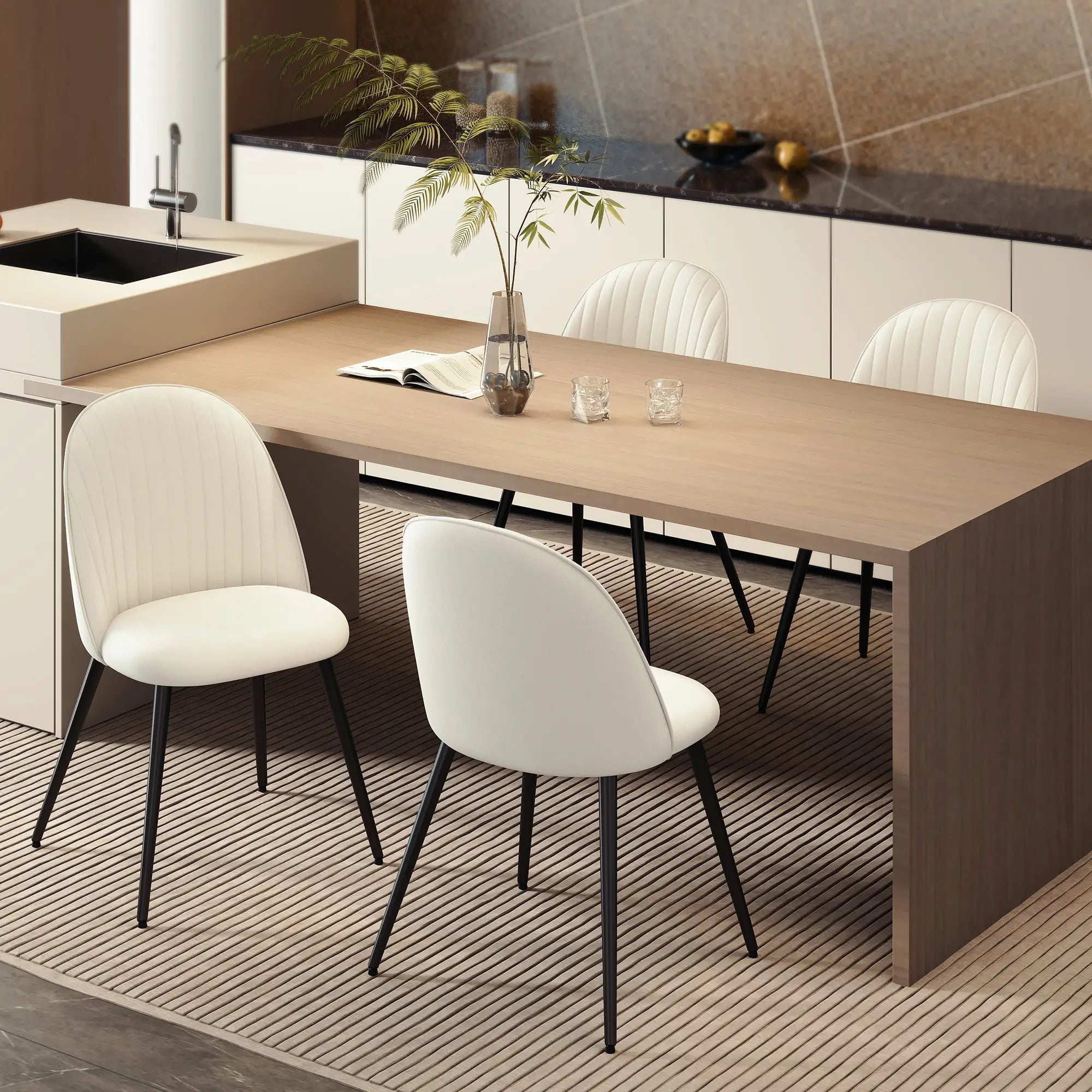 Set of 4 Modern Dining Chairs, Velvet Upholstered, Cream White, Cream White Bar Stools at Gallery Canada