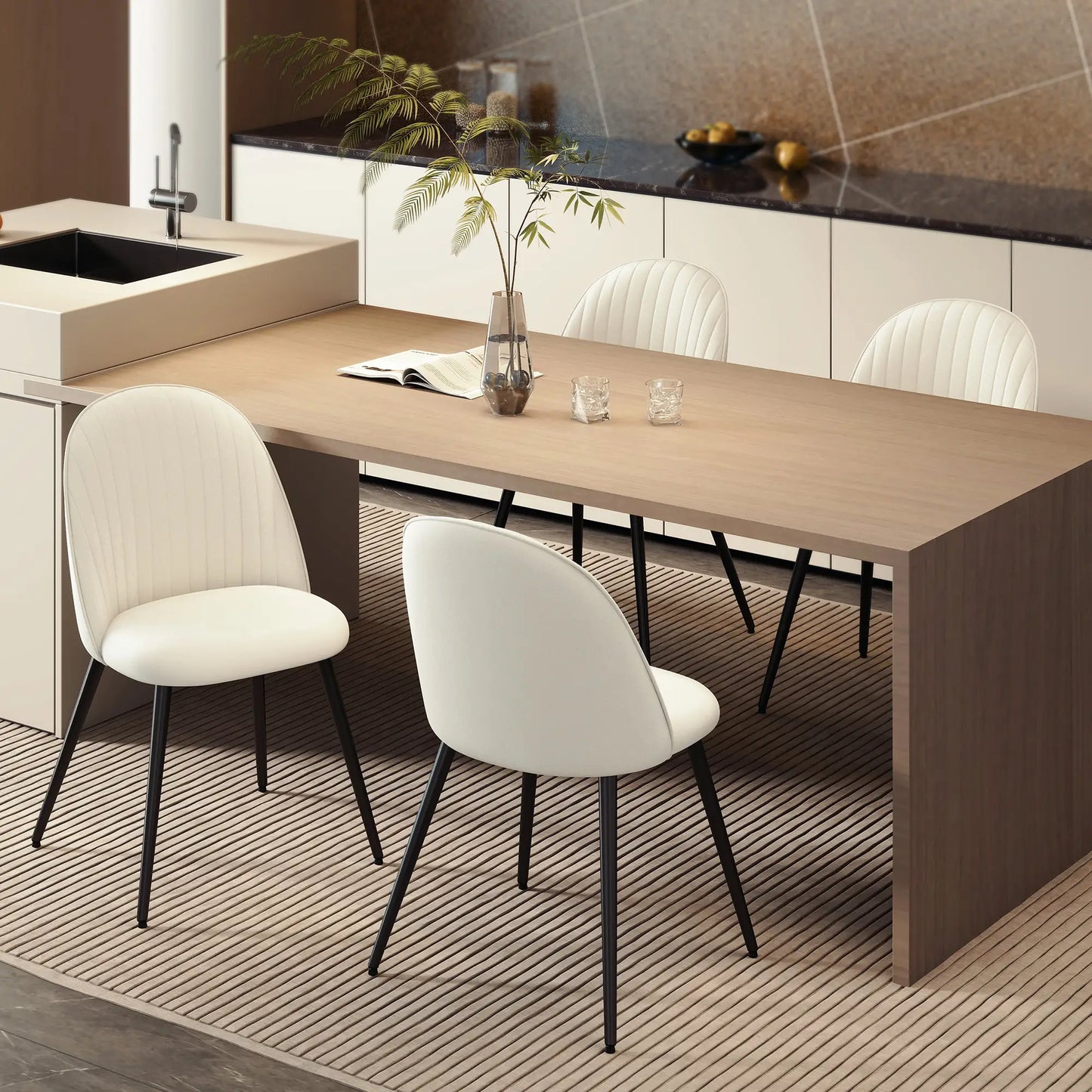 Set of 4 Modern Dining Chairs, Velvet Upholstered, Cream White, Cream White Bar Stools at Gallery Canada