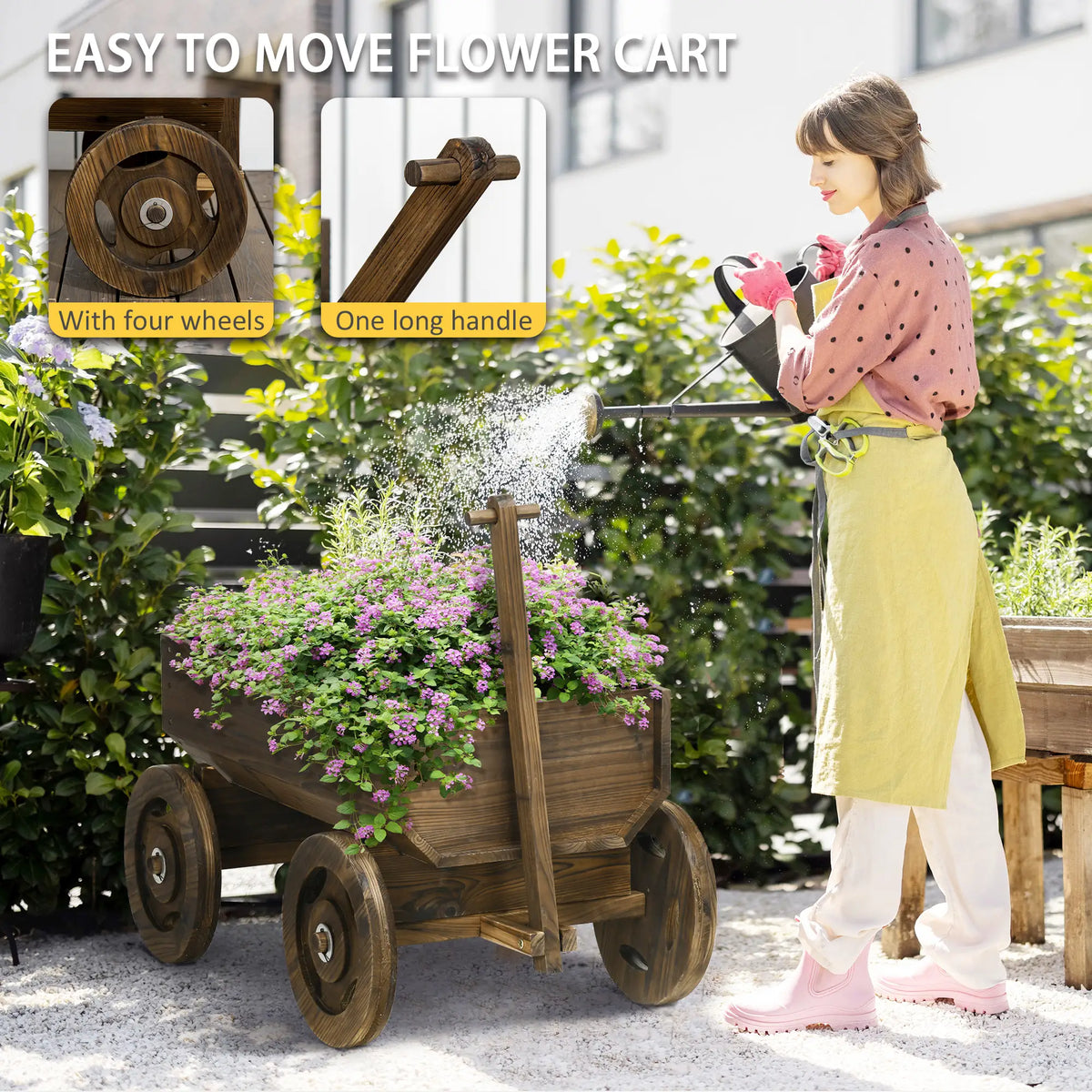 Wooden Raised Garden Bed, Flower Cart With Wheels, Outdoor Planters