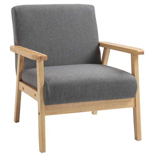 Minimalist Wood Frame Accent Chair, Thick Linen Cushions, Grey