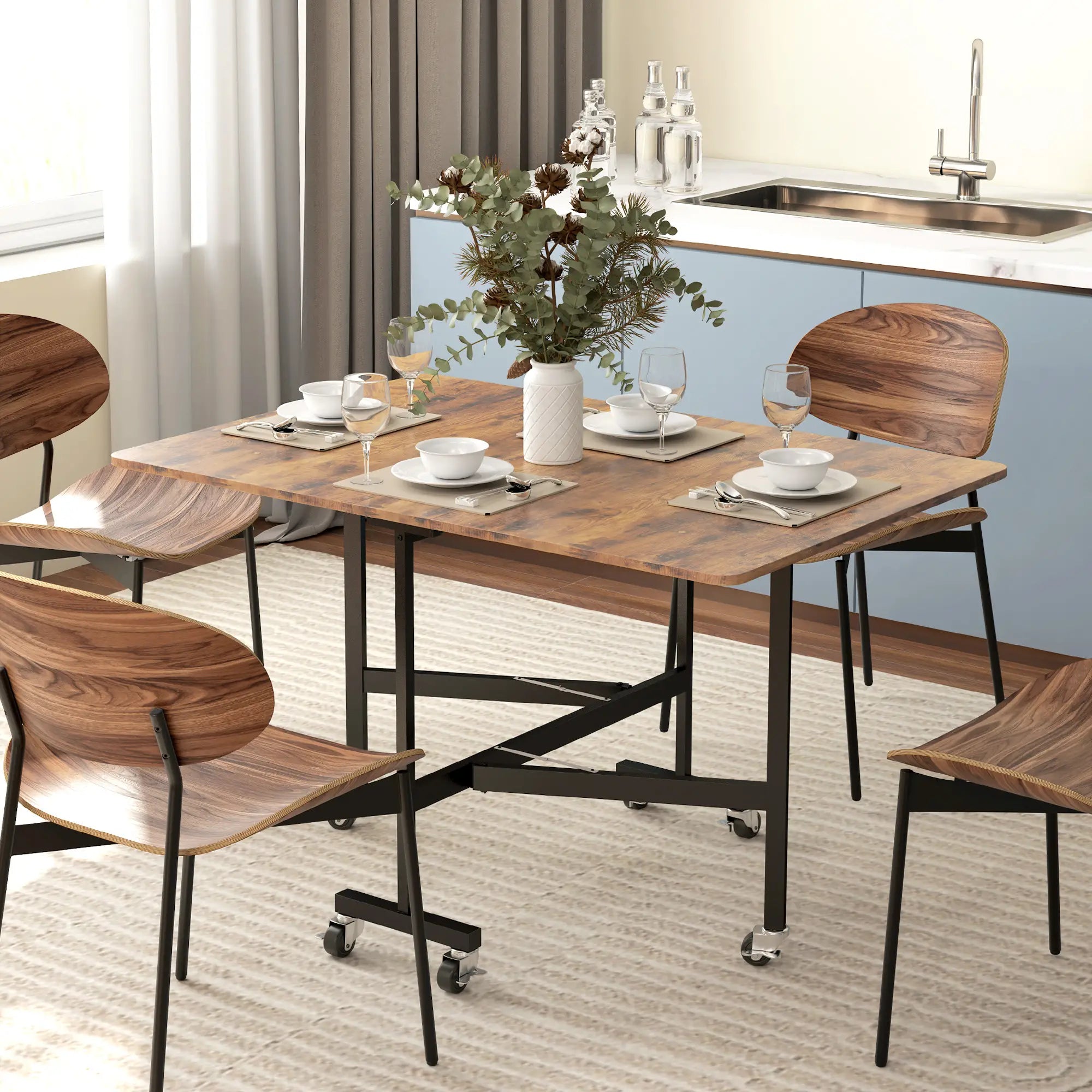 Six-Seater Drop-Leaf Dining Table with Wheels, Rustic Brown Dining Tables at Gallery Canada