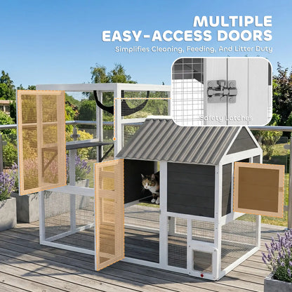 Large Catio, 63" L Outdoor Cat House with 4-Way Door, Hammock, 2 Platforms Outdoor Cat Enclosures at Gallery Canada