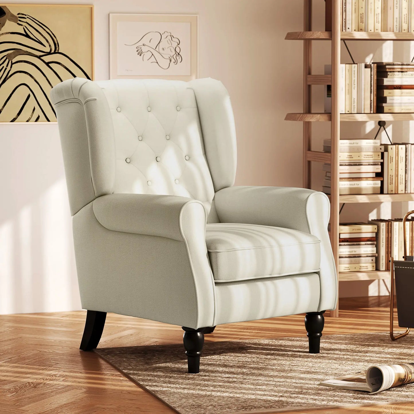 Fabric Accent Chair, Button Tufted Armchair, Upholstered Wingback Chair, White Accent Chairs at Gallery Canada