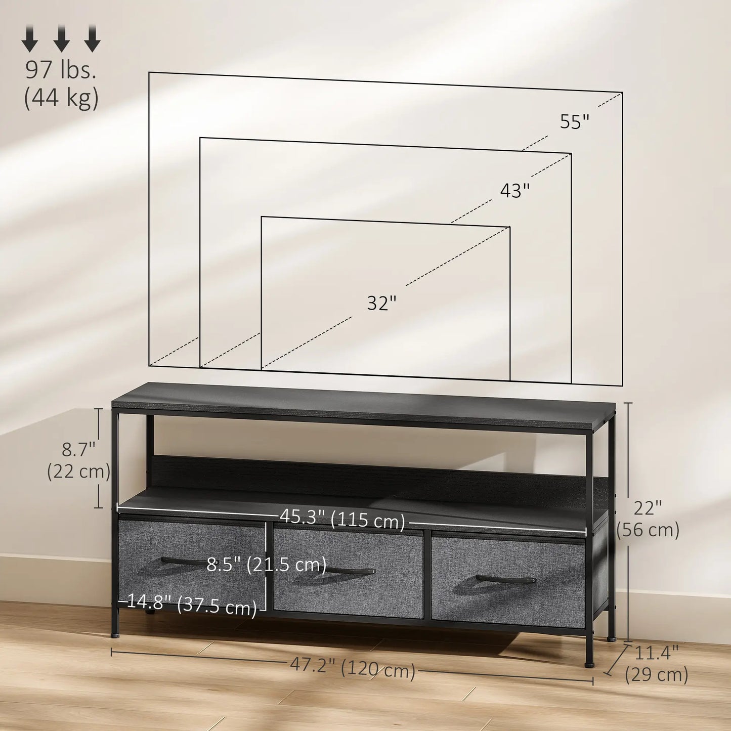 TV Stand with Charging Station, 3 Foldable Drawers, Open Shelf, 55 Inch, Black TV Stands at Gallery Canada