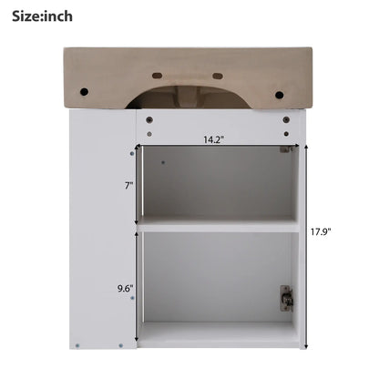 Floating Bathroom Vanity, Ceramic Basin, Right Storage, Rose Gold Handle, 21.5" L x 12" W x 26.5" H, White Sink Cabinets at Gallery Canada