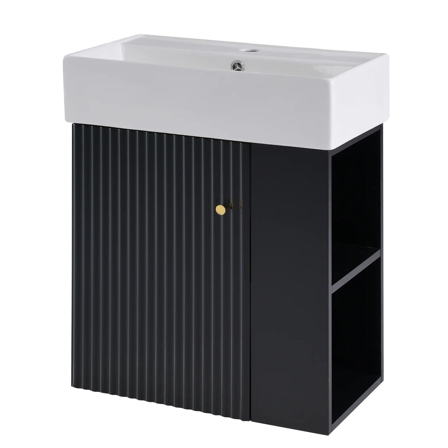 Floating Bathroom Vanity, Ceramic Basin, Right Storage, 21.5" L x 12" W x 26.5" H, Black+White Sink Cabinets Black, White at Gallery Canada