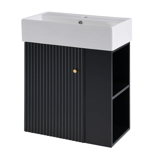 Floating Bathroom Vanity, Ceramic Basin, Right Storage, 21.5" L x 12" W x 26.5" H, Black+White Sink Cabinets Black, White at Gallery Canada