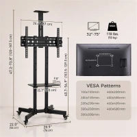 Support de télévision mobile roulant de 32 à 75 pouces, inclinaison, hauteur réglable, noir