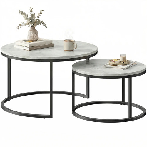 Coffee Table Set Of 2, Nesting Side Tables, Metal Base, Marble Grey, Grey