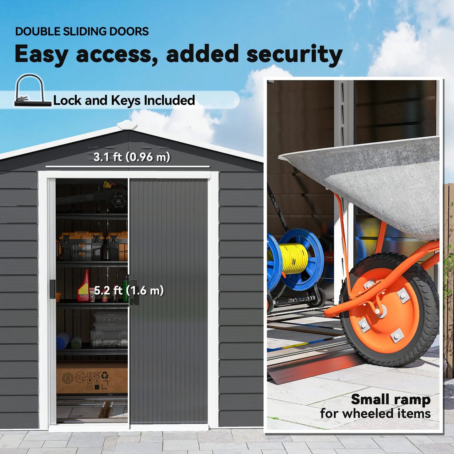 8' x 7' Outdoor Storage Shed, Galvanized Metal, Lockable Doors, Dark Grey Sheds at Gallery Canada