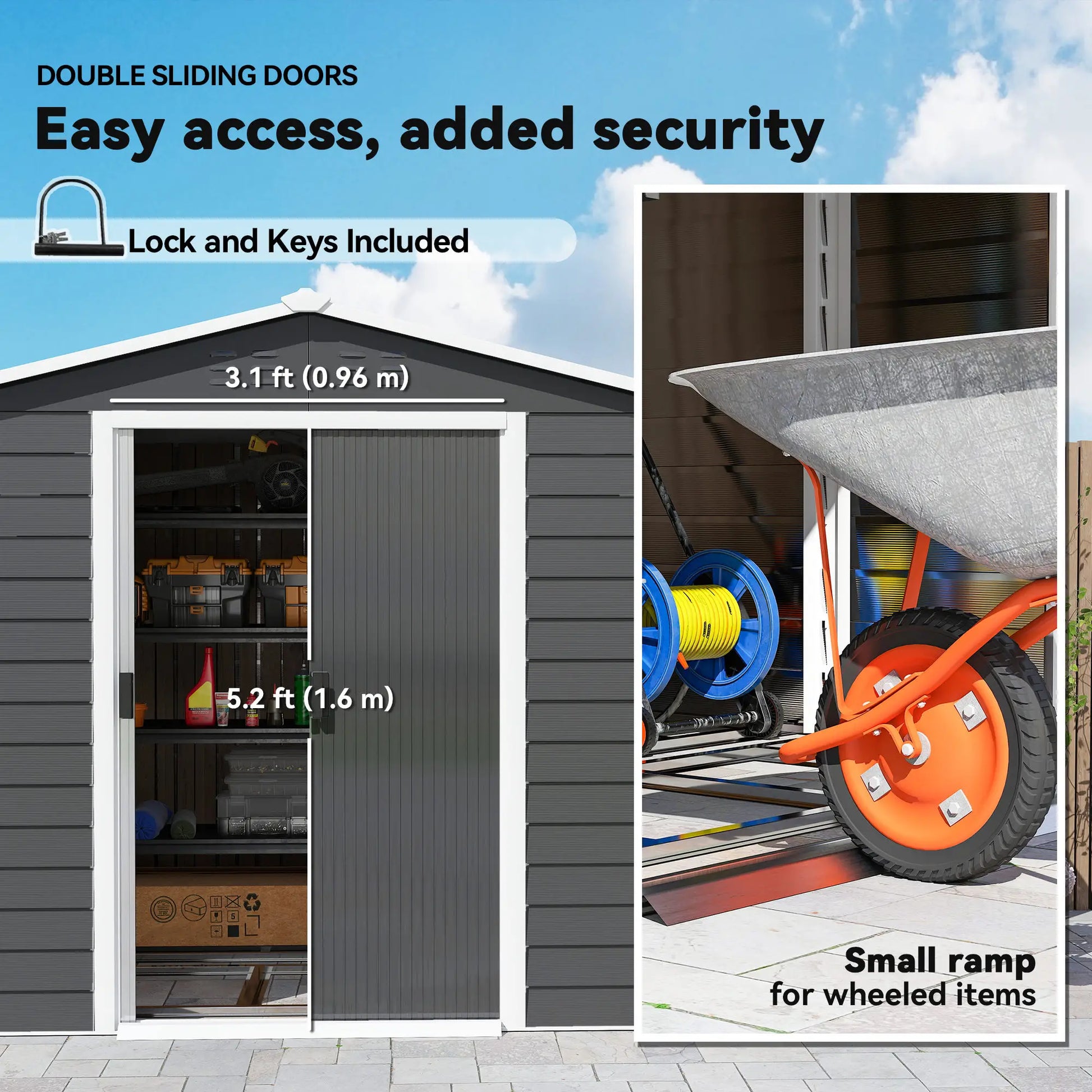 8' x 7' Outdoor Storage Shed, Galvanized Metal, Lockable Doors, Dark Grey Sheds at Gallery Canada