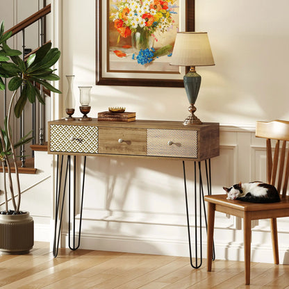 Narrow Console Table with Drawers, 35", Hairpin Legs, Brown Console Tables at Gallery Canada