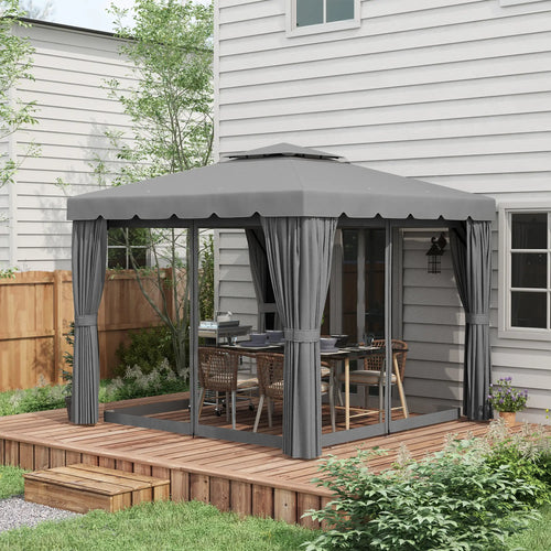 10' x 10' Outdoor Gazebo, Double Soft-Top, with Curtains, Light Grey