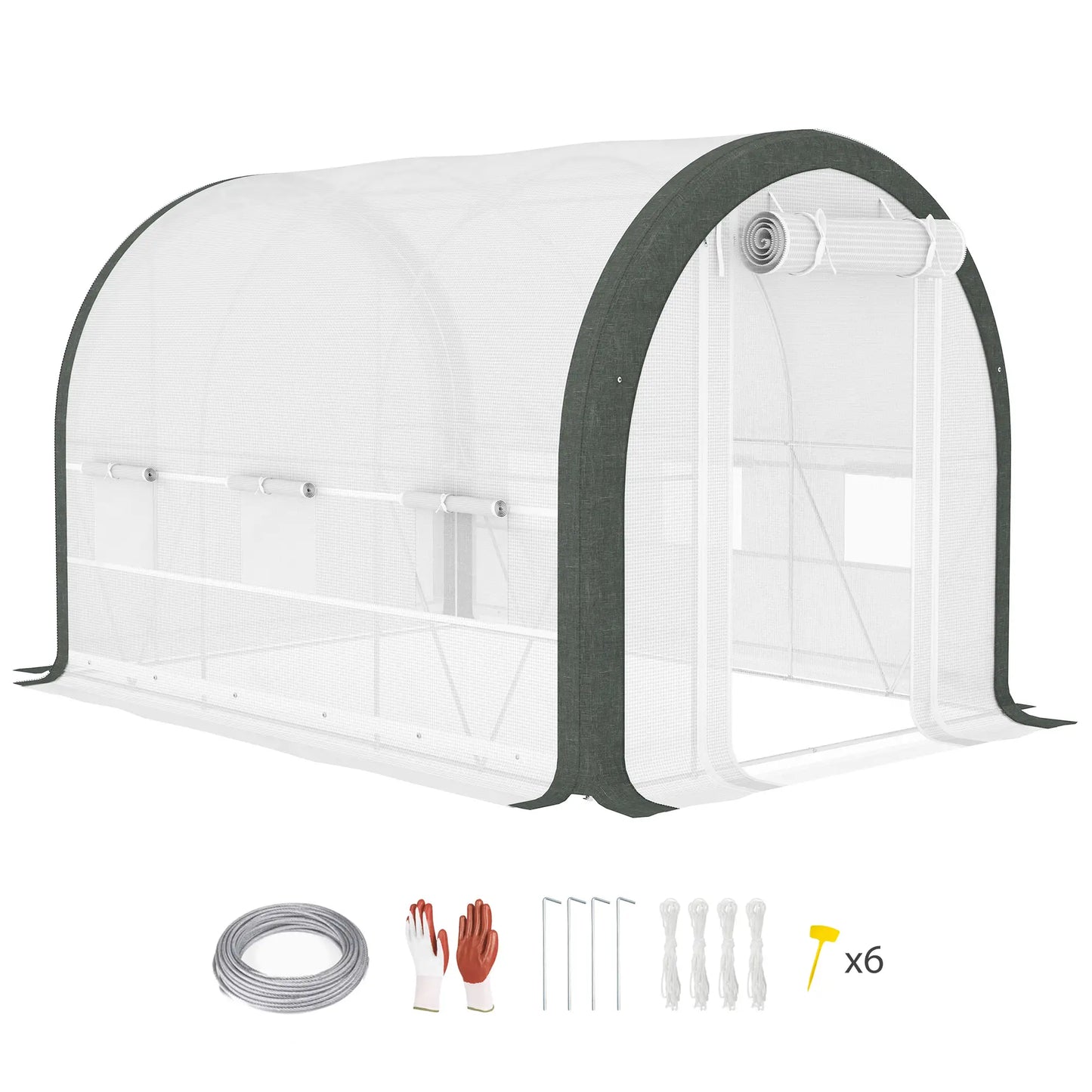 10'x6.6'x6.6' Tunnel Greenhouse, Mesh Door, Windows, Plant Labels, Gloves, White