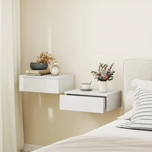 Set of 2 Wall Mounted Bedside Tables, High Gloss Floating Nightstands with Drawer, White