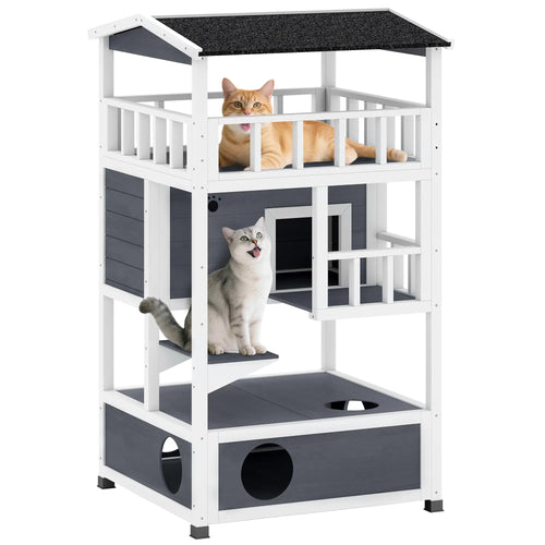 4-Floor Wood Outdoor Cat House, Condo, Fun Entrances, Perch, Grey