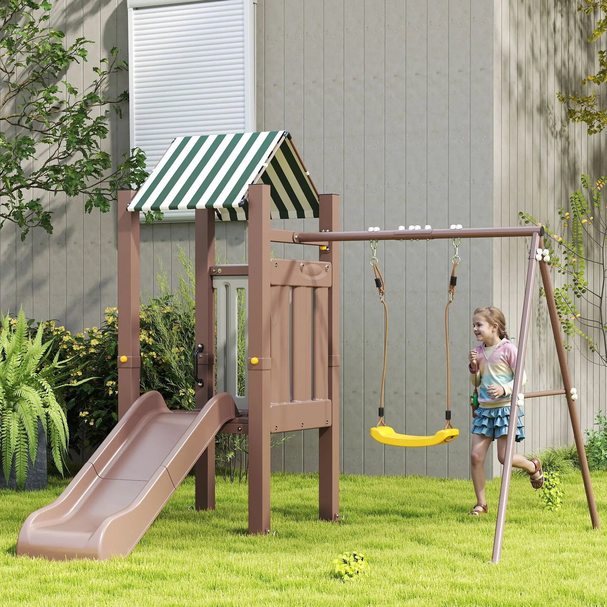 4-in-1 Kids Swing Set with Slide, Fort, Ladder, Stakes, Ages 3-8, Brown Gym Sets & Swings at Gallery Canada