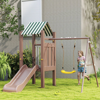 4-in-1 Kids Swing Set with Slide, Fort, Ladder, Stakes, Ages 3-8, Brown Gym Sets & Swings at Gallery Canada