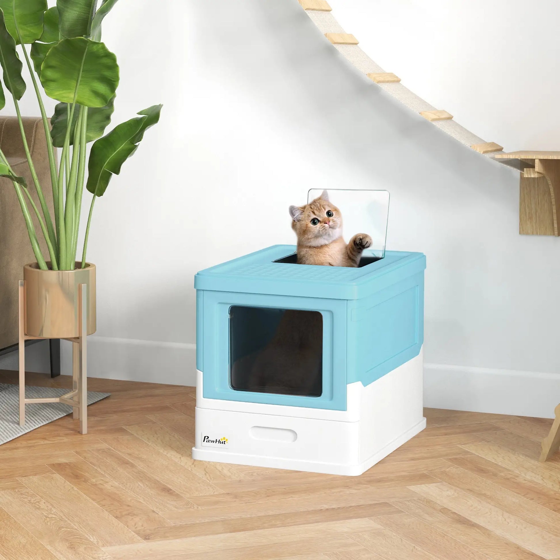Top Entry Enclosed Kitty Litter Box with Scoop, Tray, Blue Cat Litter Box Enclosures at Gallery Canada