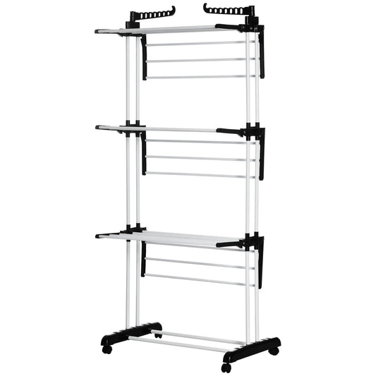 Foldable 4-Tier Steel Clothes Drying Rack, 2 Side Wings, 4 Castors, Black Bath Accessories Black, Silver at Gallery Canada