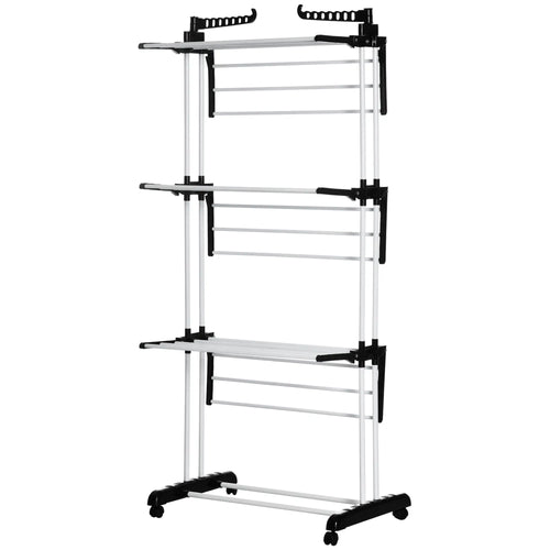 Foldable 4-Tier Steel Clothes Drying Rack, 2 Side Wings, 4 Castors, Black