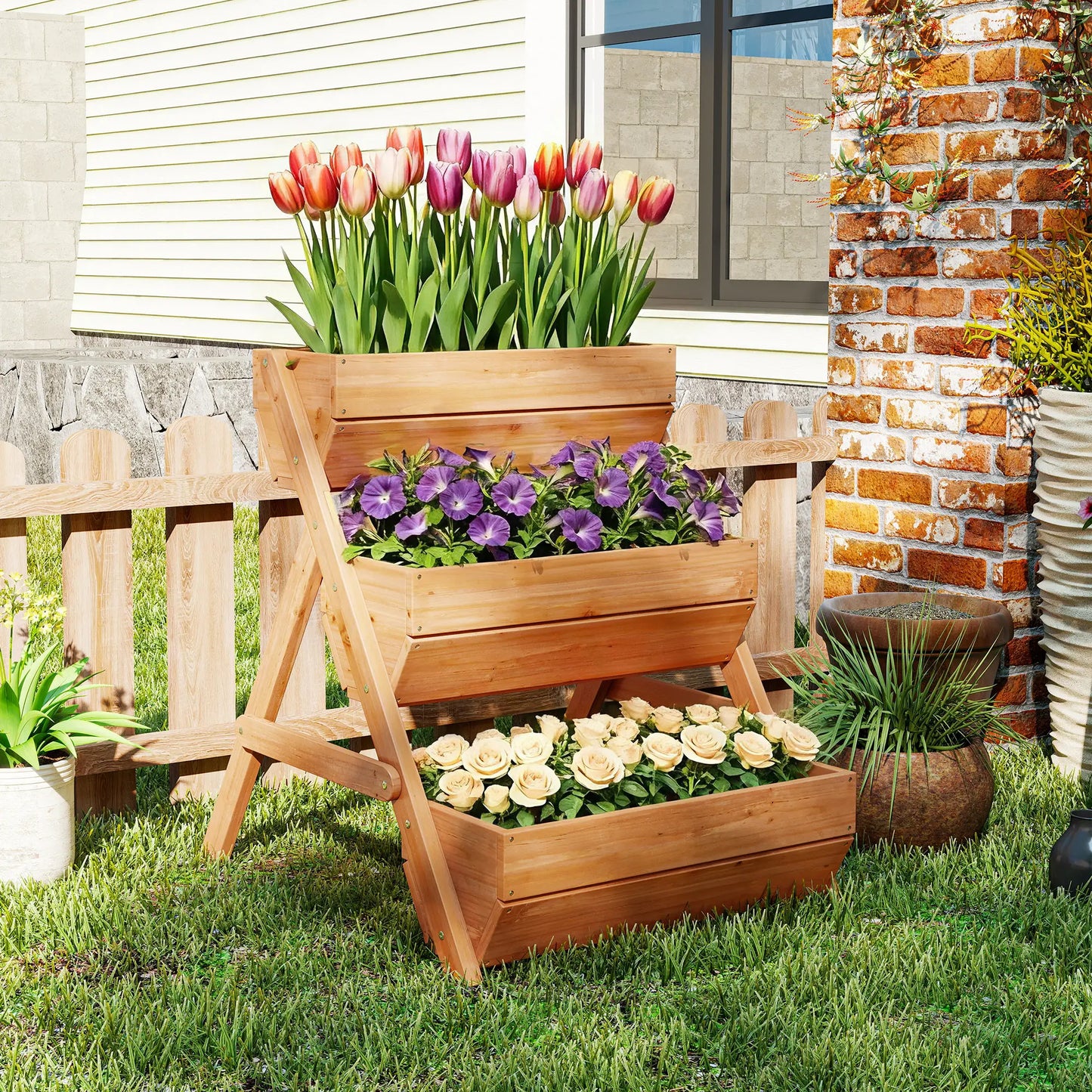 3 Tier Elevated Planter Box, Wooden Raised Garden Bed, 26" x 30" x 30", Brown Elevated Garden Beds at Gallery Canada