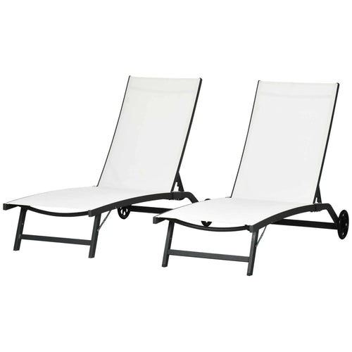 Outdoor Lounge Chair Set, 2, Breathable Mesh, Wheels, Cream White