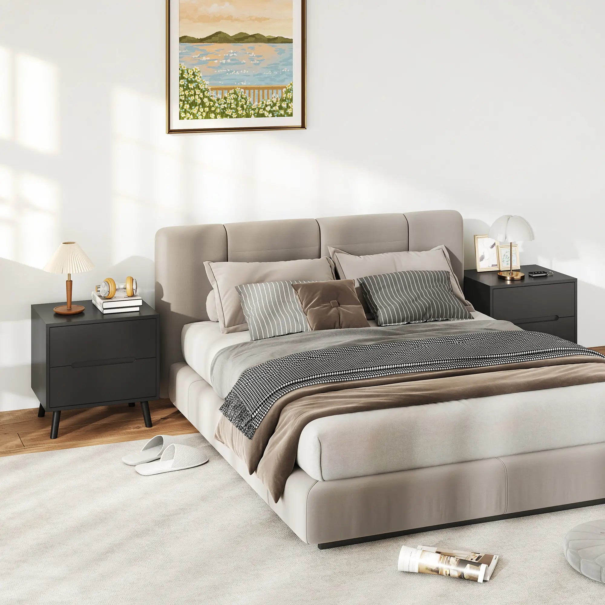 Modern Nightstands Set Of 2, 2 Drawers, Solid Wood Legs, Black Bedside Tables at Gallery Canada