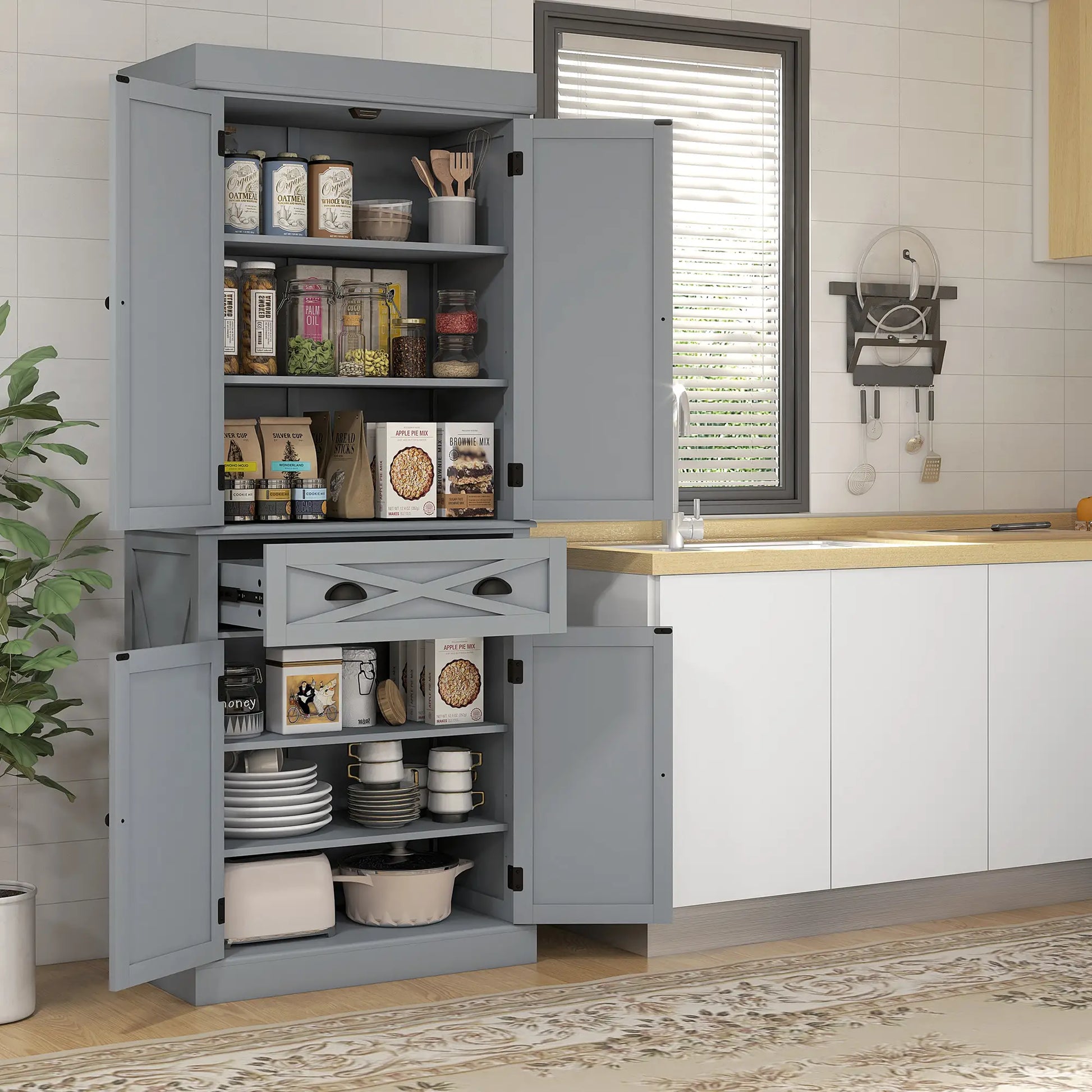 72.5" Kitchen Pantry Cabinet, 4 Doors, Drawer, Adjustable Shelves, Grey Kitchen Pantry Cabinets at Gallery Canada