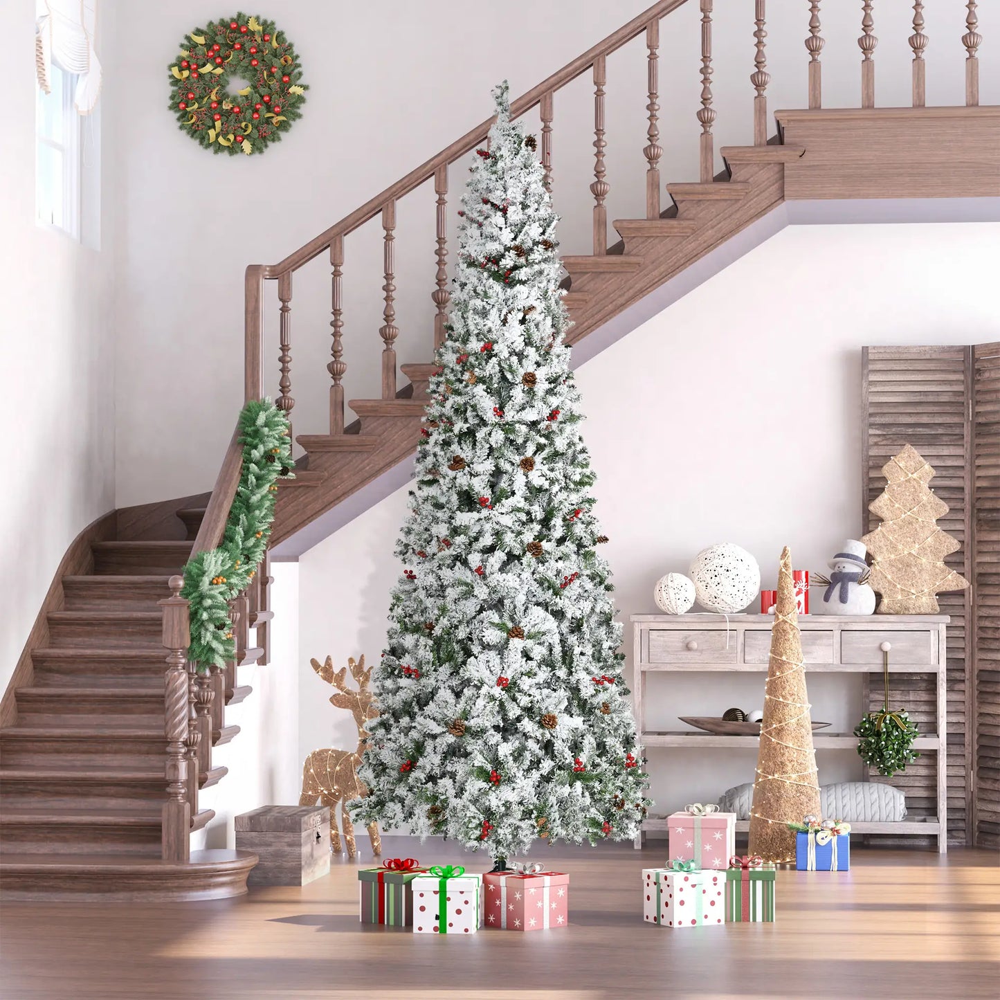 9-Foot Pencil Snow Flocked Artificial Christmas Tree, 1350 Pine Branches, Pine Cones, Red Berries, Auto Open, Green Pencil Christmas Trees at Gallery Canada