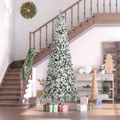9-Foot Pencil Snow Flocked Artificial Christmas Tree, 1350 Pine Branches, Pine Cones, Red Berries, Auto Open, Green Pencil Christmas Trees at Gallery Canada