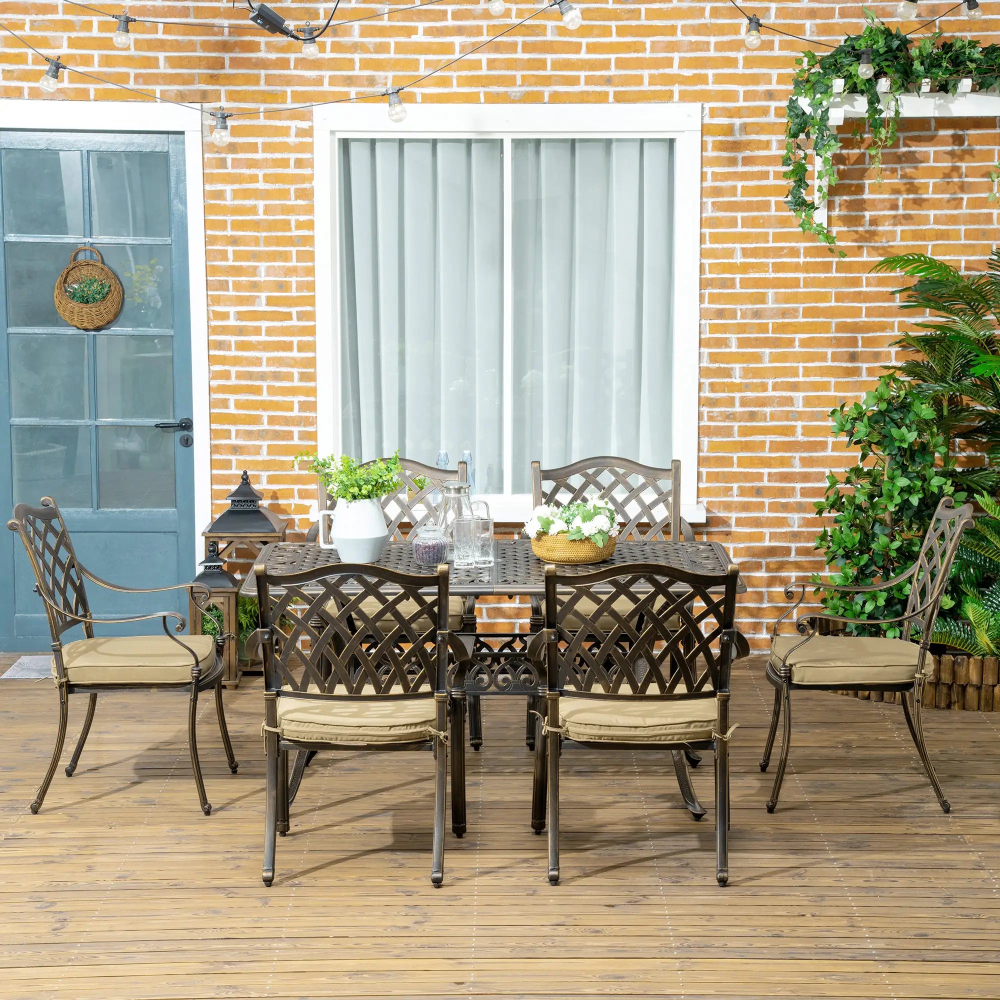 7-Piece Patio Dining Set, Cast Aluminum, 6 Cushioned Chairs, Rectangle Table, Khaki Bistro Sets at Gallery Canada