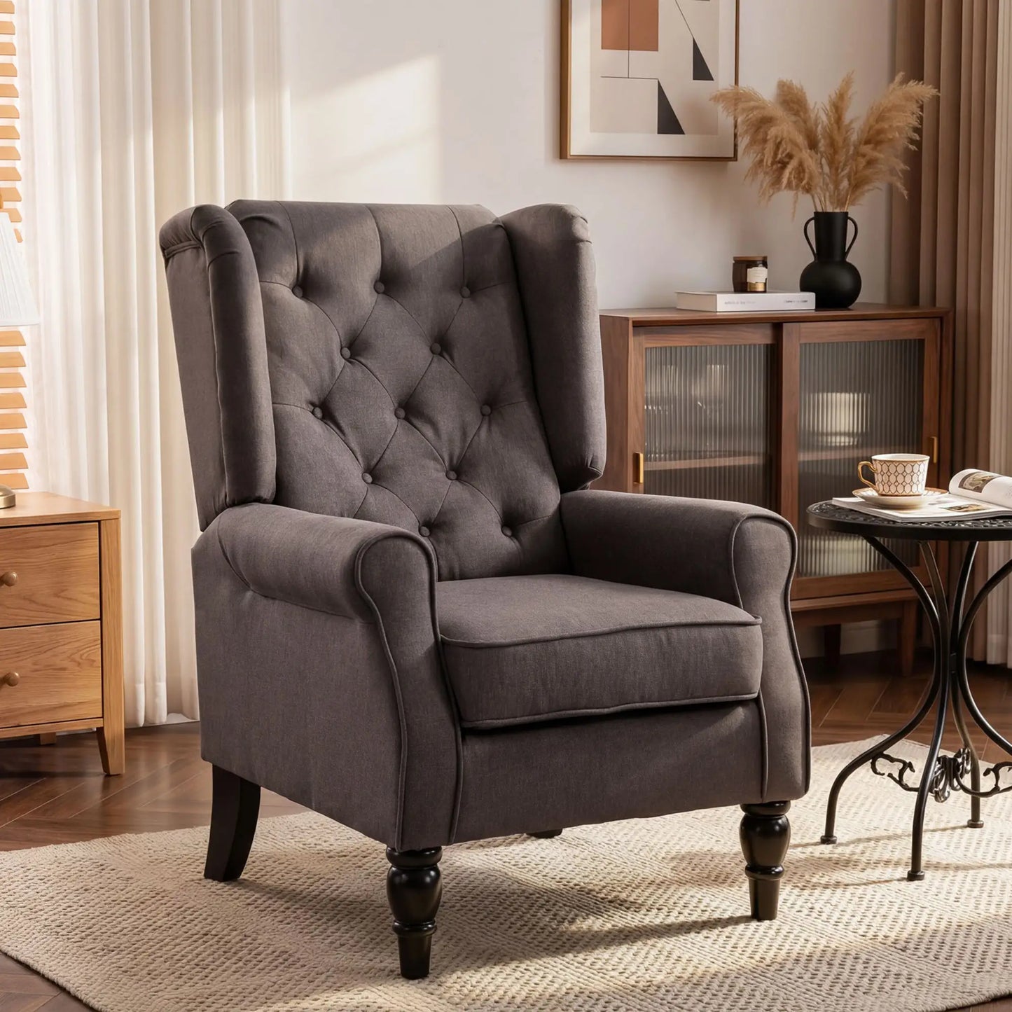 Fabric Accent Chair, Button Tufted Armchair, Wingback, Brown Single Sofas at Gallery Canada
