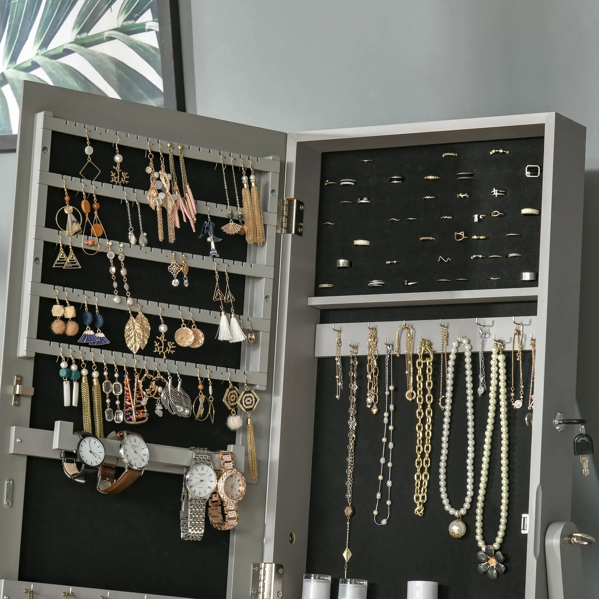 Mirror Jewelry Cabinet, Lockable Organizer, Full-Length Mirror, 3 Angle Adjustable, Grey Jewelry Armoire & Jewellery Mirror Cabinets at Gallery Canada